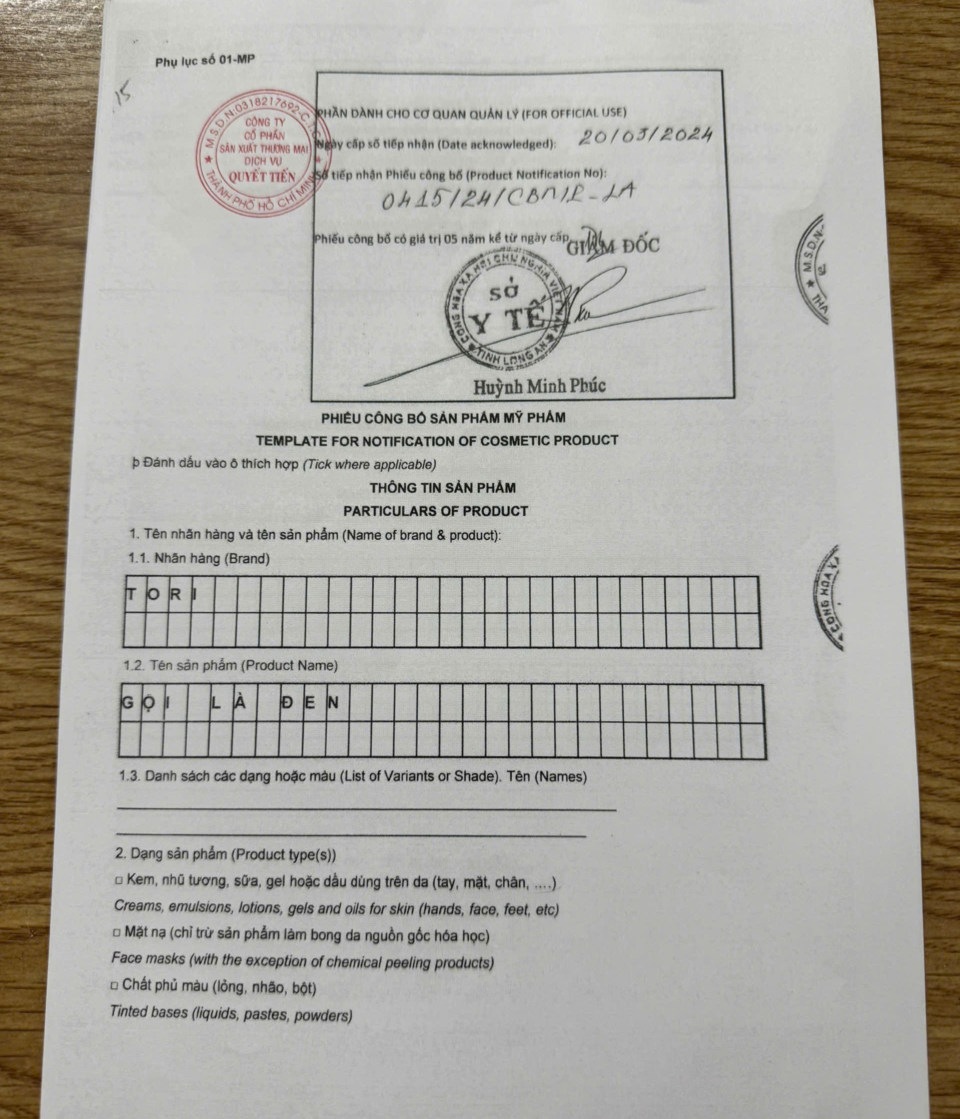 giấy ủy quyền phân phối gội là đen TORI do Quyết Tiến Group cấp