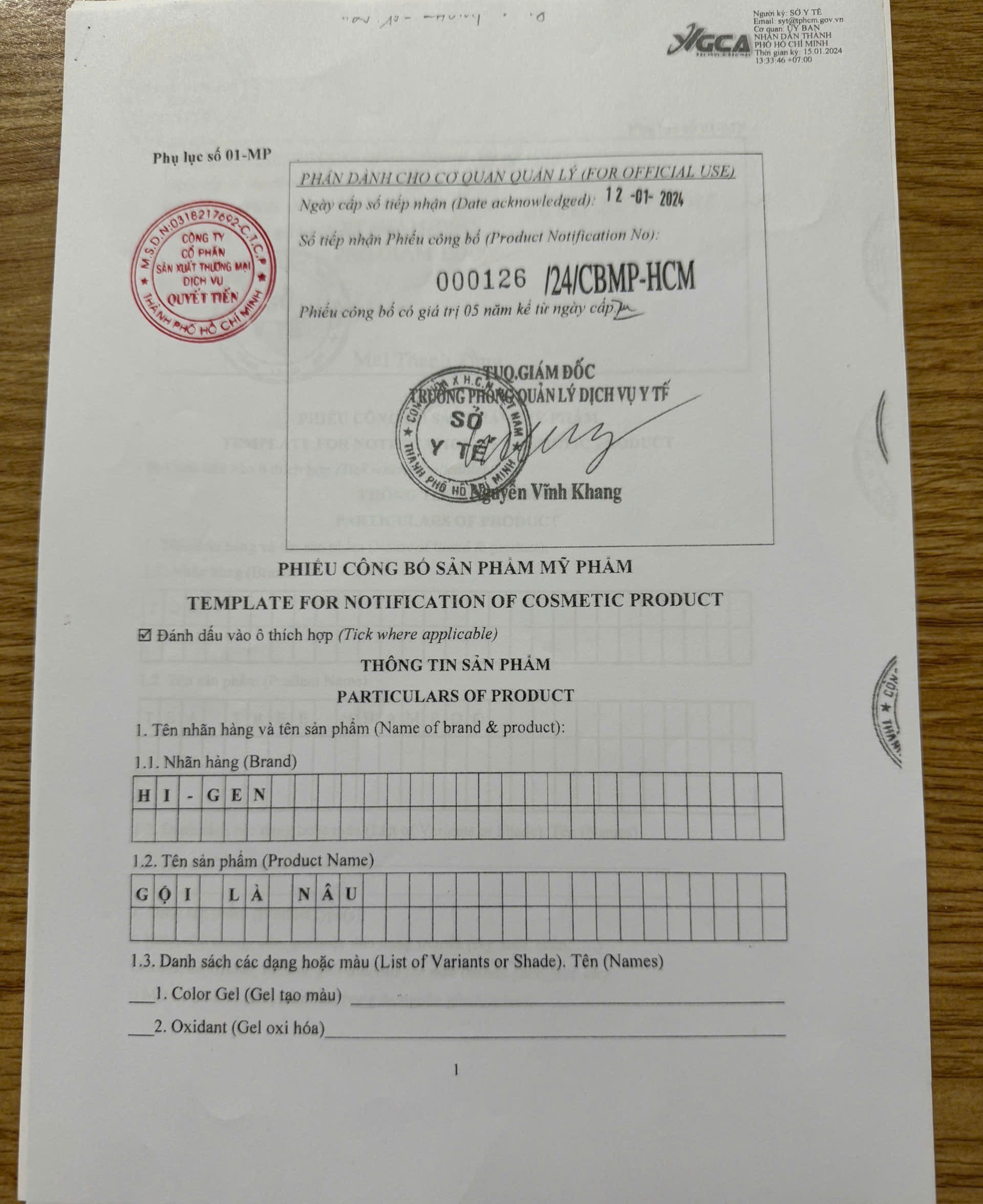 giấy ủy quyền phân phối gội là nâu Hi-gen do Quyết Tiến Group cấp