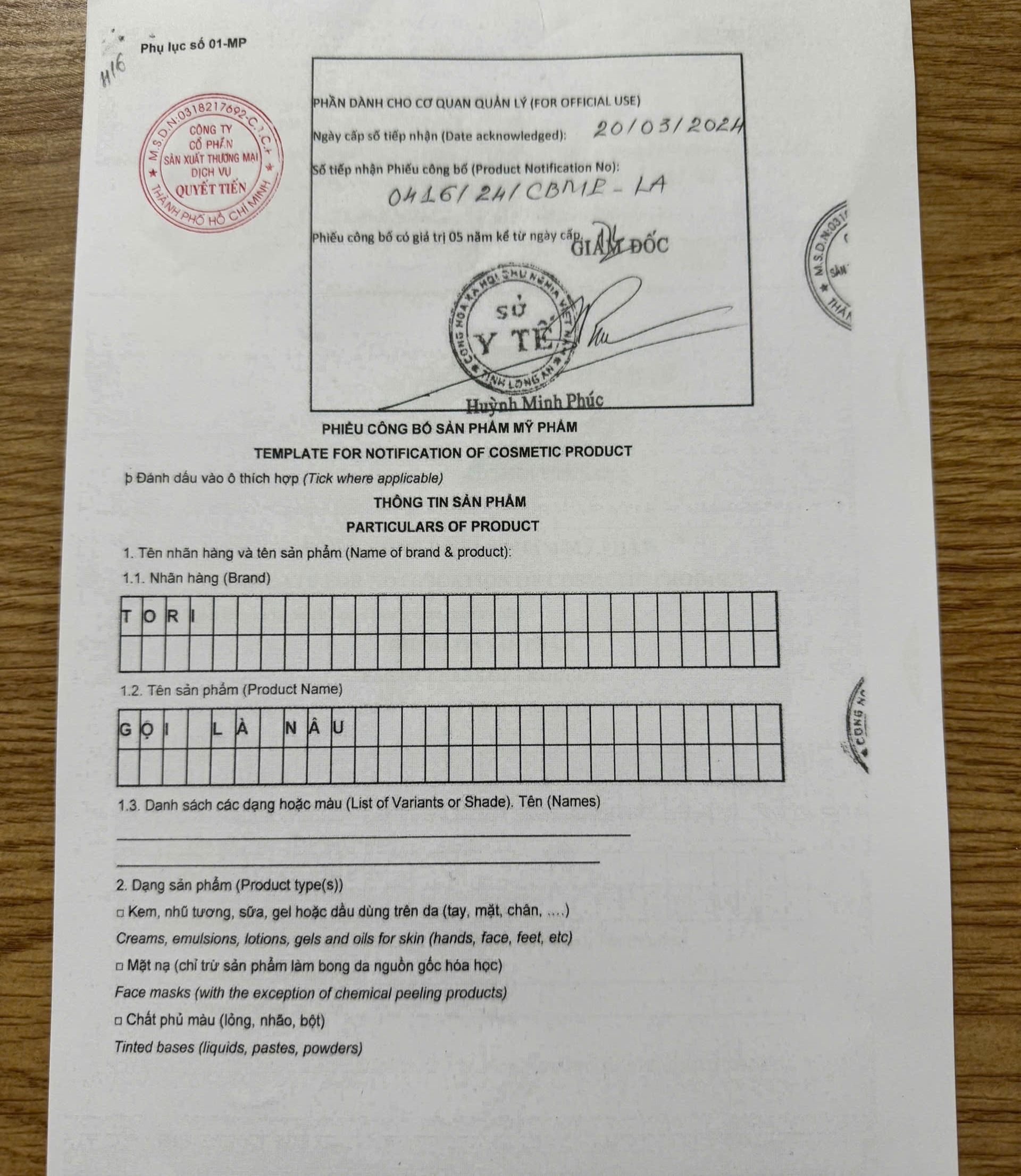 giấy ủy quyền phân phối gội là nâu TORI do Quyết Tiến Group cấp